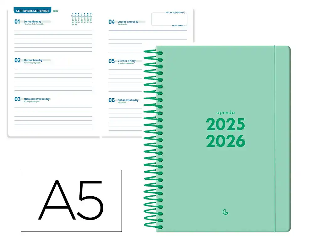 Agenda escolar LIDERPAPEL 25-2 6 espiral basic verde menta semana vista A5 bilingüe papel fsc 70 gr