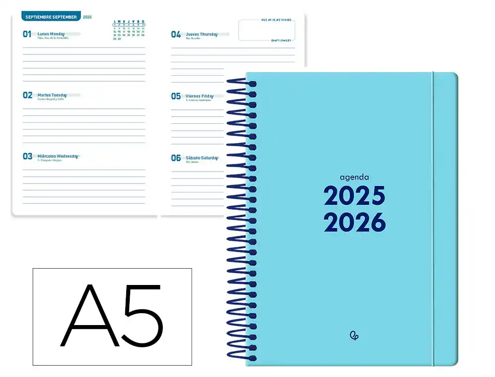 Agenda escolar LIDERPAPEL 25-26 espiral basic azul semana vista A5 bilingüe papel fsc 70 gr