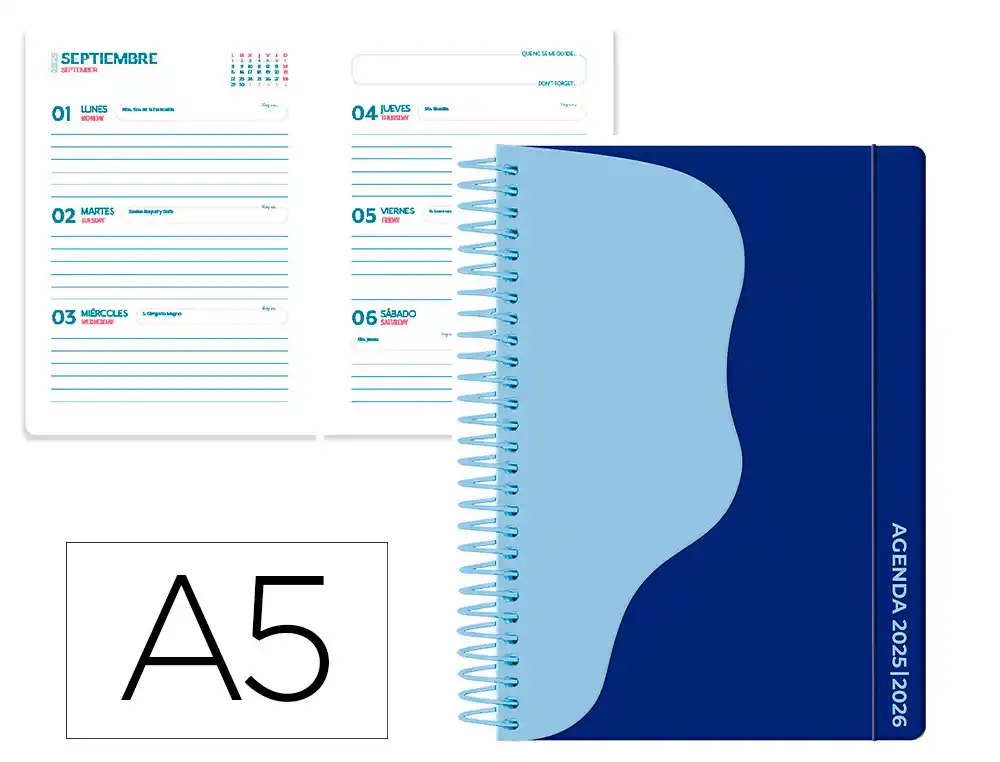Agenda escolar LIDERPAPEL 25-26 espiral waves azul oscu ro semana vista A5 bilingüe papel fsc 80 gr
