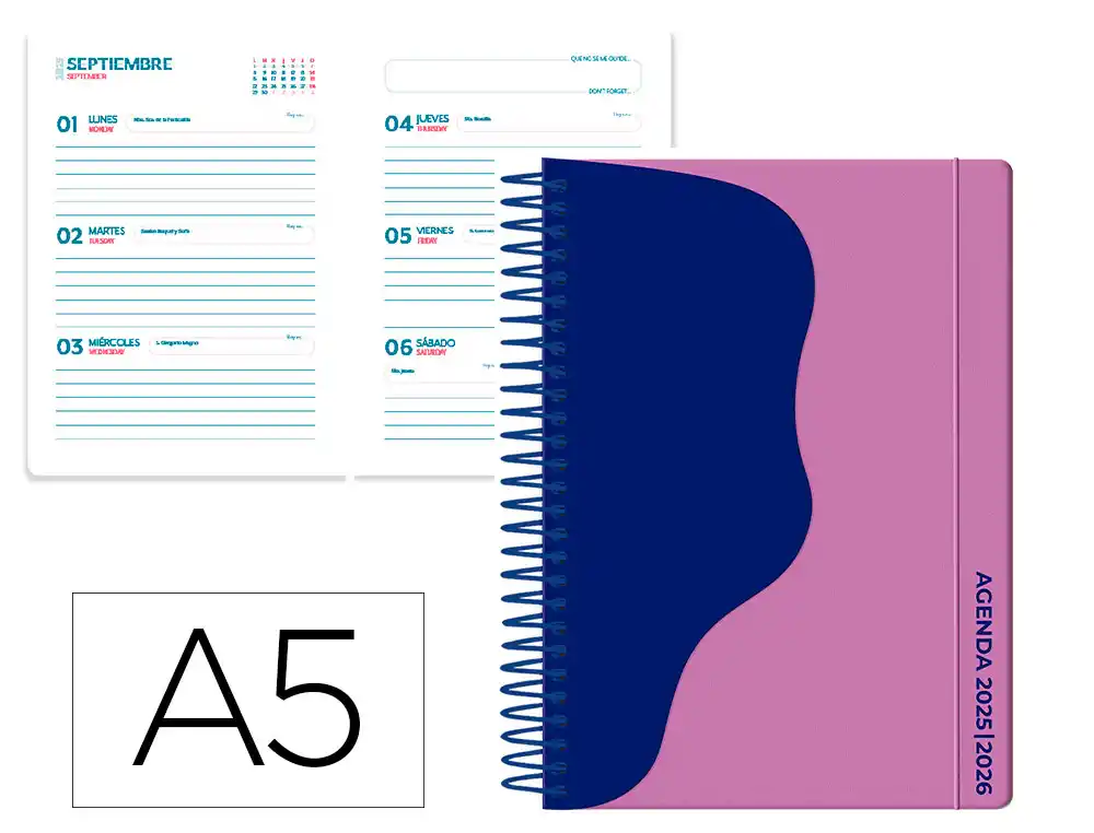 Agenda escolar LIDERPAPEL 25-26 espiral waves morado semana vista A5 bilingüe papel fsc 80 gr