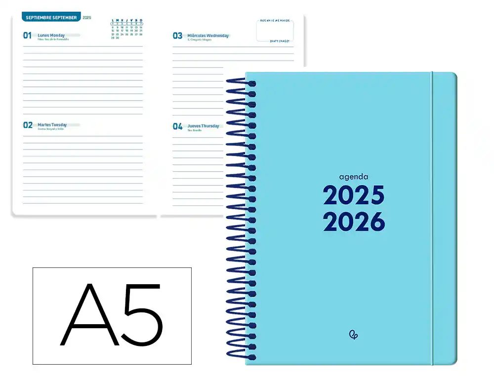 Agenda escolar LIDERPAPEL 25-26 espiral basic azul 2 dias pagina A5 bilingüe papel fsc 70 gr
