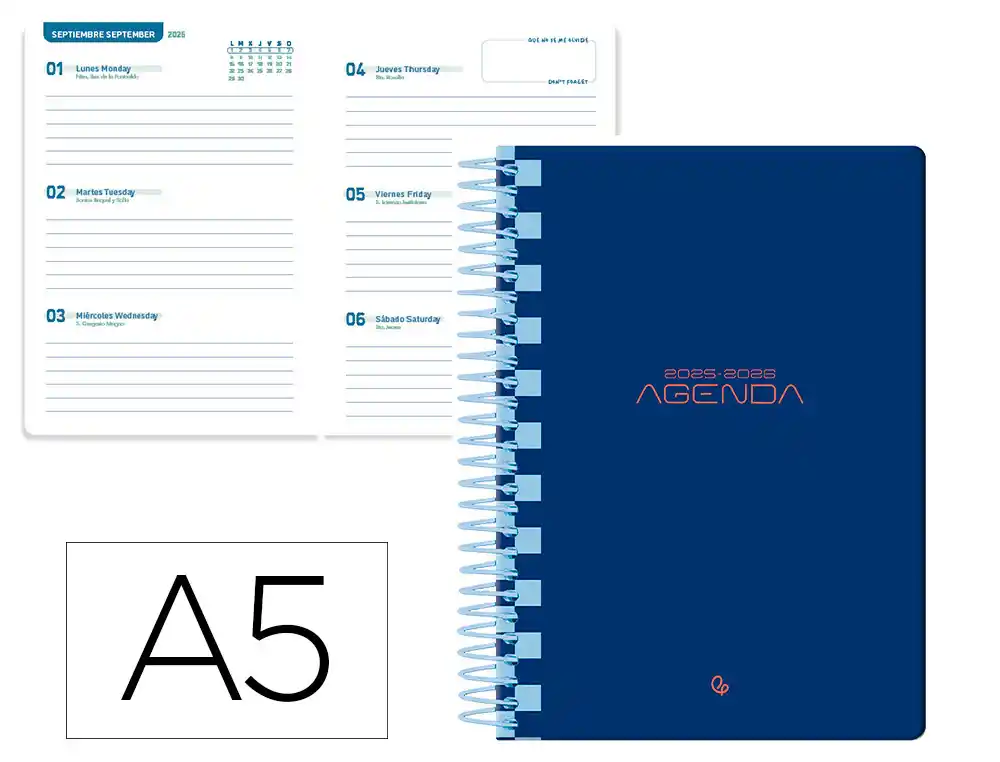 Agenda escolar LIDERPAPEL 25-2 6 espiral classic azul oscuro semana vista A5 bilingüe papel fsc 70 gr