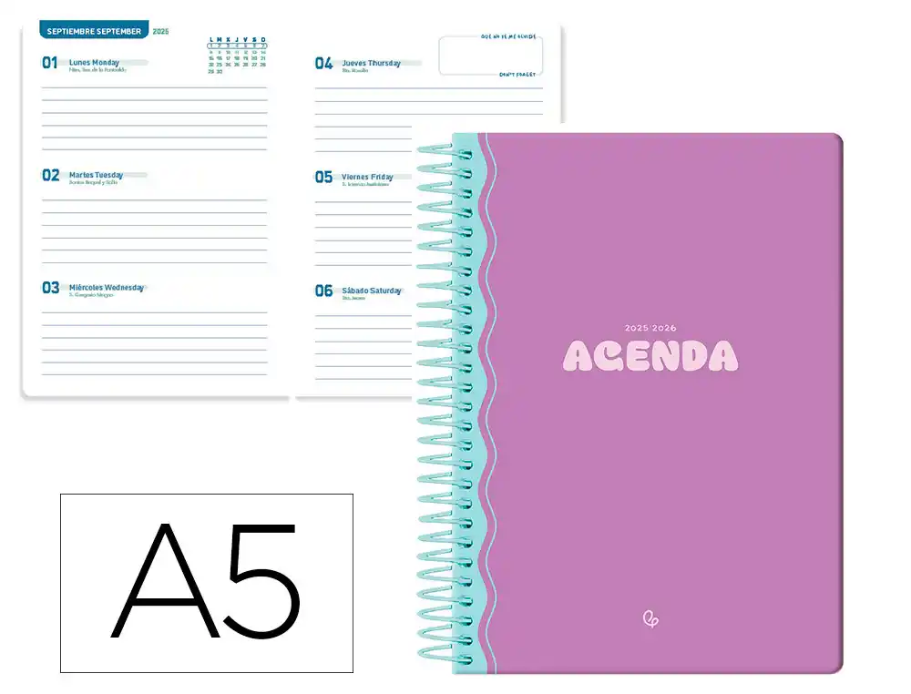 Agenda escolar LIDERPAPEL 25-26 espiral classic morado semana vista A5 bilingüe papel fsc 70 gr