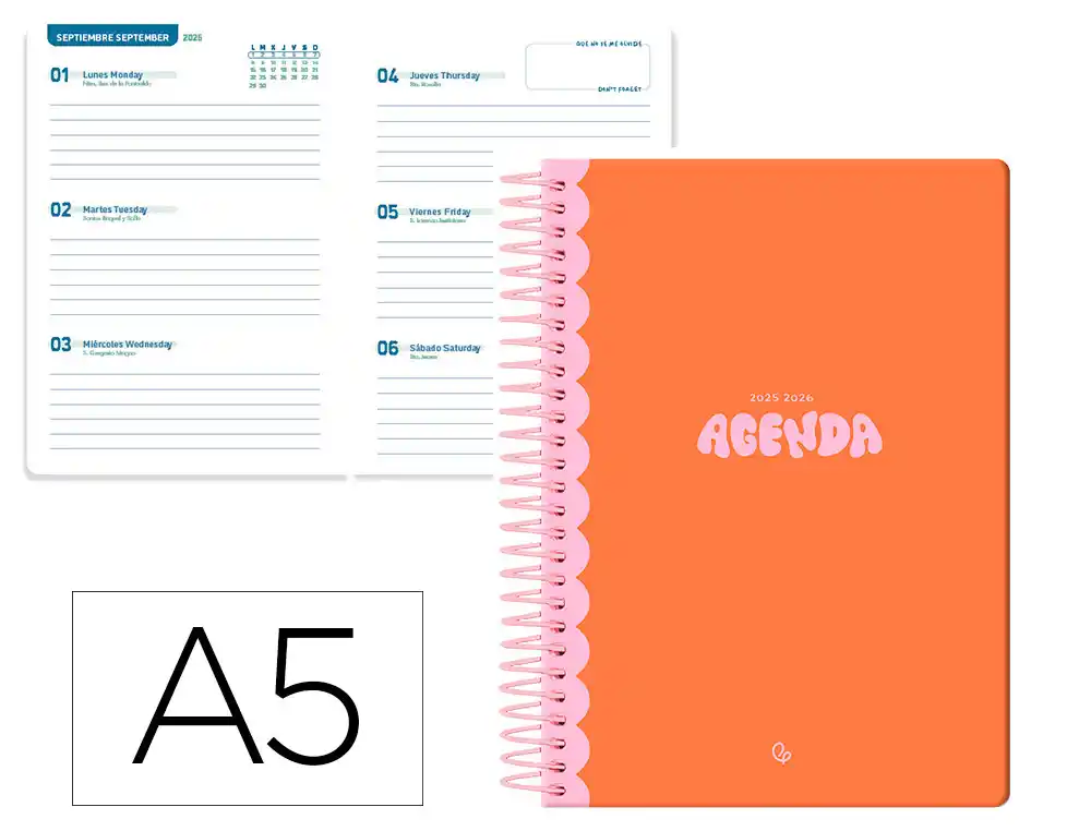Agenda escolar LIDERPAPEL 25-26 espiral classic naranja semana vista A5 bilingüe papel fsc 70 gr