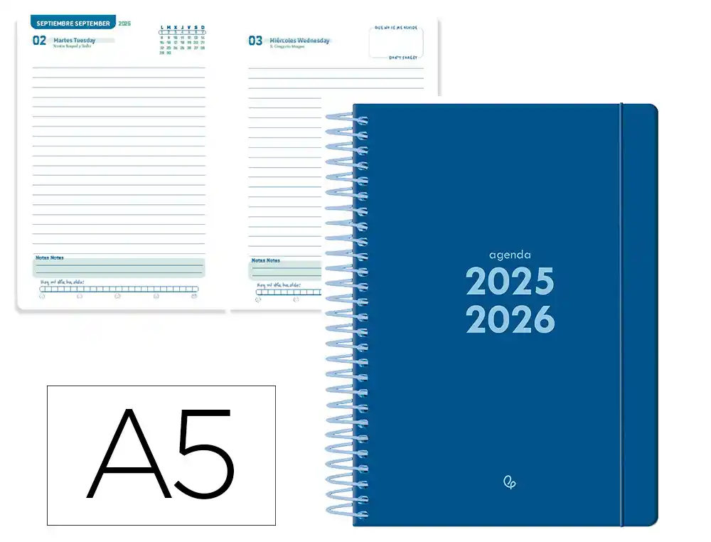 Agenda escolar LIDERPAPEL 25-26 espiral basic azul oscuro dia pagina A5 bilingüe papel fsc 70 gr
