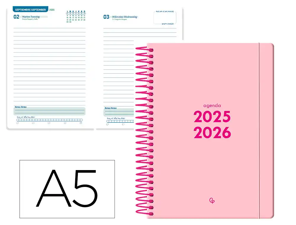 Agenda escolar LIDERPAPEL 25-26 espiral basic rosa dia pagina A5 bilingüe papel fsc 70 gr