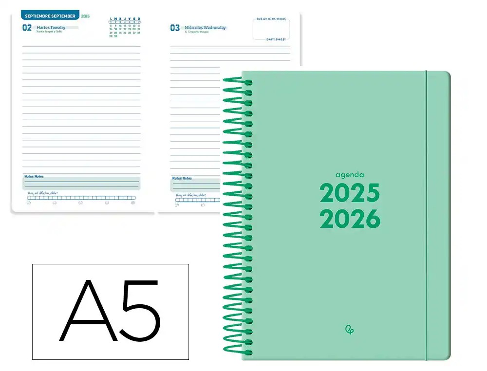 Agenda escolar LIDERPAPEL 25-26 espiral basic verde menta dia pagina A5 bilingüe papel fsc 70 gr