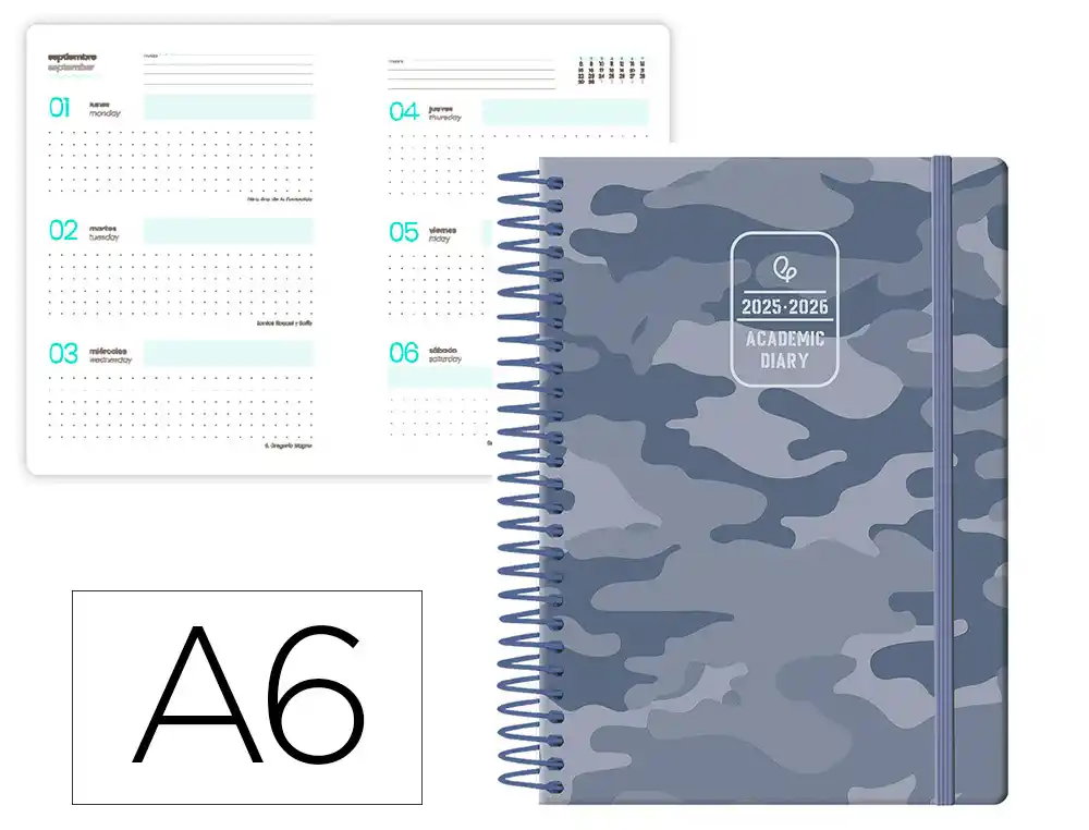 Agenda escolar LIDERPAPEL 25-26 espiral patterns militar gris semana vista A6 bilingüe papel fsc 80 gr