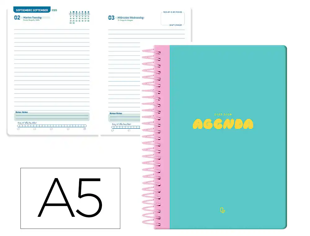 Agenda escolar LIDERPAPEL 25-26 espiral classic azul turquesa dia pagina A5 bilingüe papel fsc 70 gr