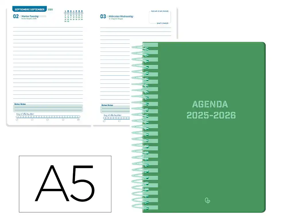 Agenda escolar LIDERPAPEL 25-26 espiral classic verde dia pagina A5 bilingüe papel fsc 70 gr