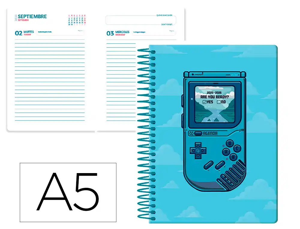 Agenda escolar LIDERPAPEL 25-26 espiral game on azul dia pagina A5 bilingüe papel fsc 80 gr