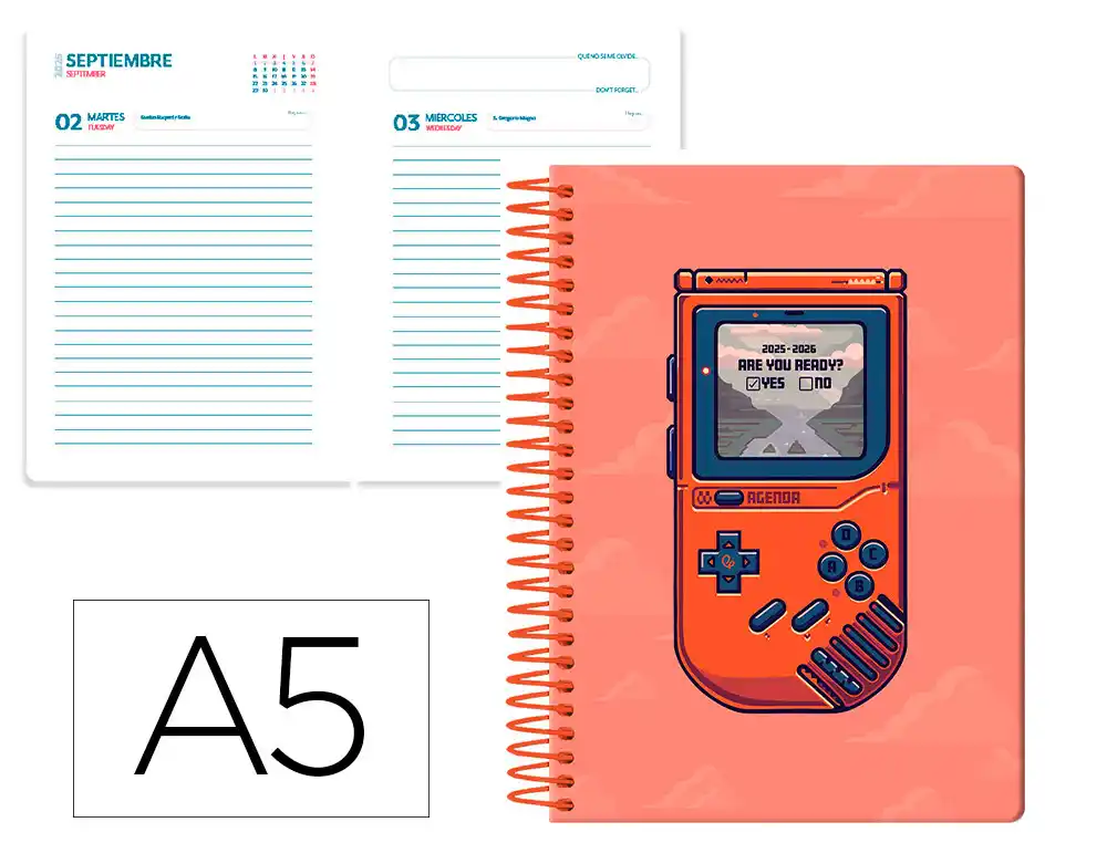 Agenda escolar LIDERPAPEL 25-26 espiral game on rojo dia pagina A5 bilingüe papel fsc 80 gr