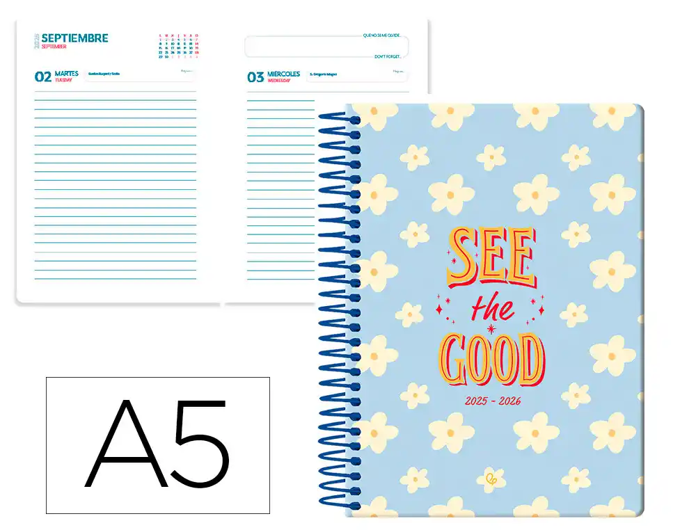 Agenda escolar LIDERPAPEL 25-26 espiral petite flores dia pagina A5 bilingüe papel fsc 80 gr