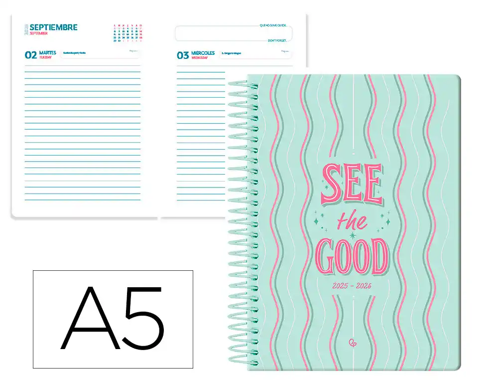 Agenda escolar LIDERPAPEL 25-26 espiral petite lineas dia pagina A5 bilingüe papel fsc 80 gr