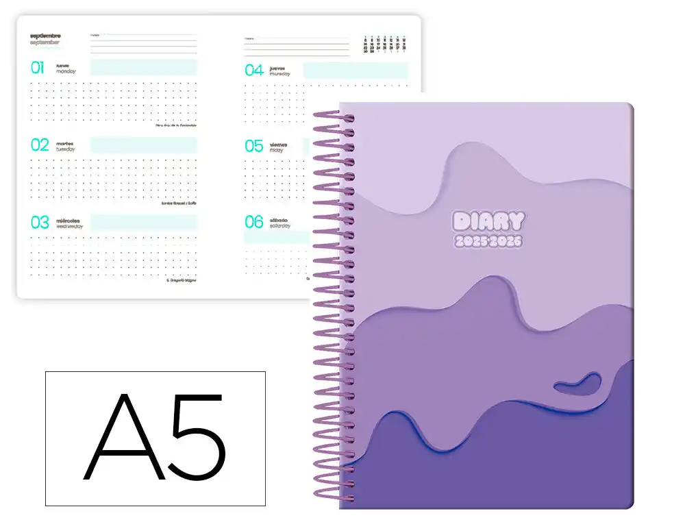 Agenda escolar LIDERPAPEL 25-26 espiral melting morado semana vista A5 bilingüe papel fsc 80 gr