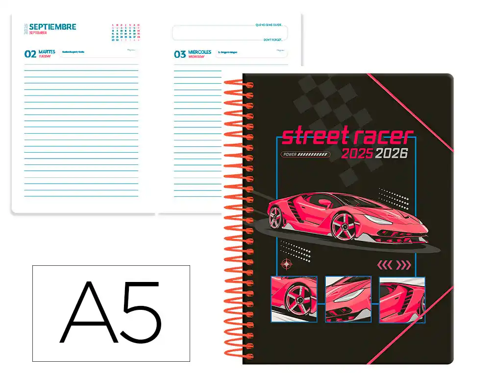 Agenda escolar LIDERPAPEL 25-26 espiral cars rojo dia pagina A5 bilingüe papel fsc 80 gr