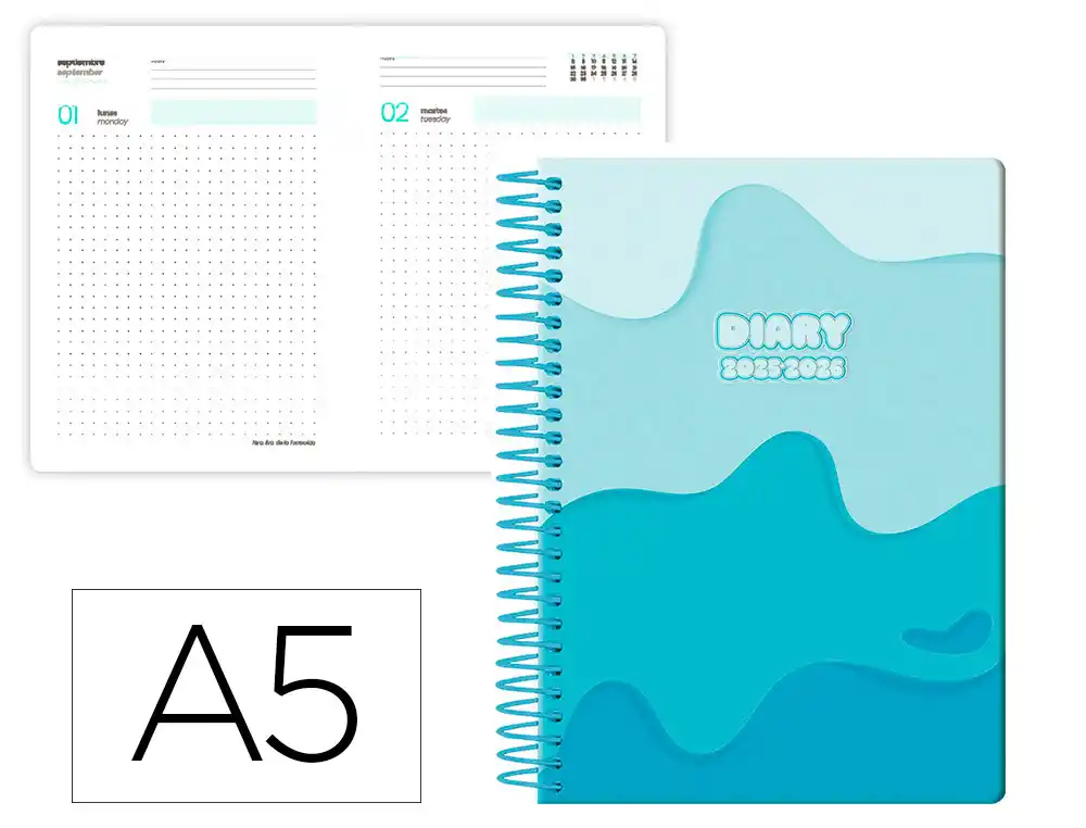 Agenda escolar LIDERPAPEL 25-26 espiral melting azul dia pagina A5 bilingüe papel fsc 80 gr