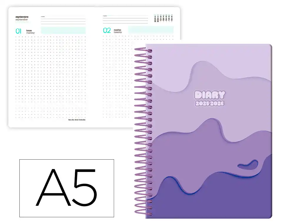 Agenda escolar LIDERPAPEL 25-26 espiral melting morado dia pagina A5 bilingüe papel fsc 80 gr