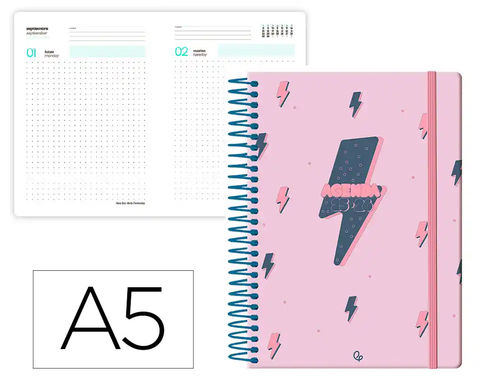 Agenda escolar LIDERPAPEL 25-26 espiral patterns rayos rosa dia pagina A5 bilingüe papel fsc 80 gr