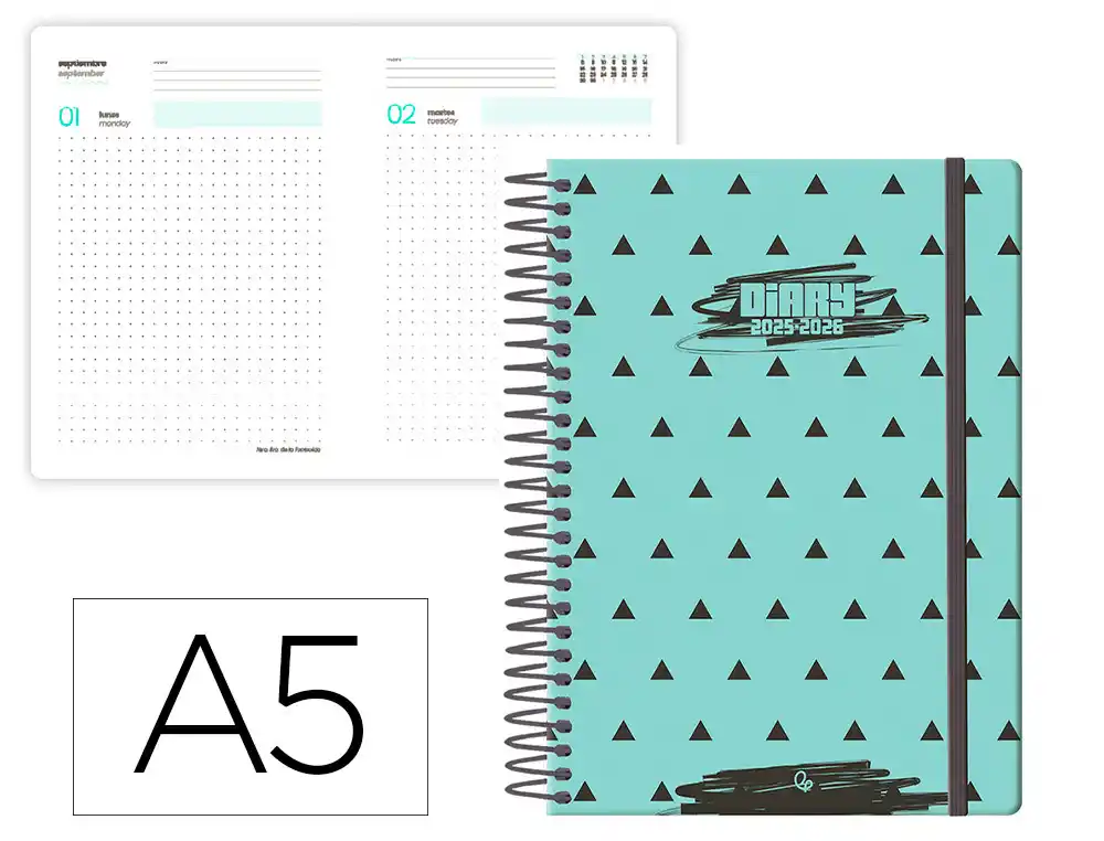 Agenda escolar LIDERPAPEL 25-26 espiral patterns triangulos dia pagina A5 bilingüe papel fsc 80 gr