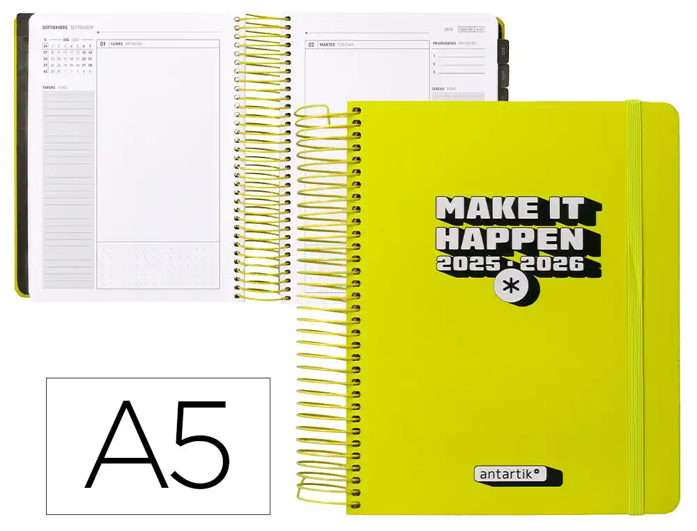 Agenda escolar ANTARTIK 25-26 espiral neon amarillo dia pagina A5 bilingüe papel fsc 80 gr