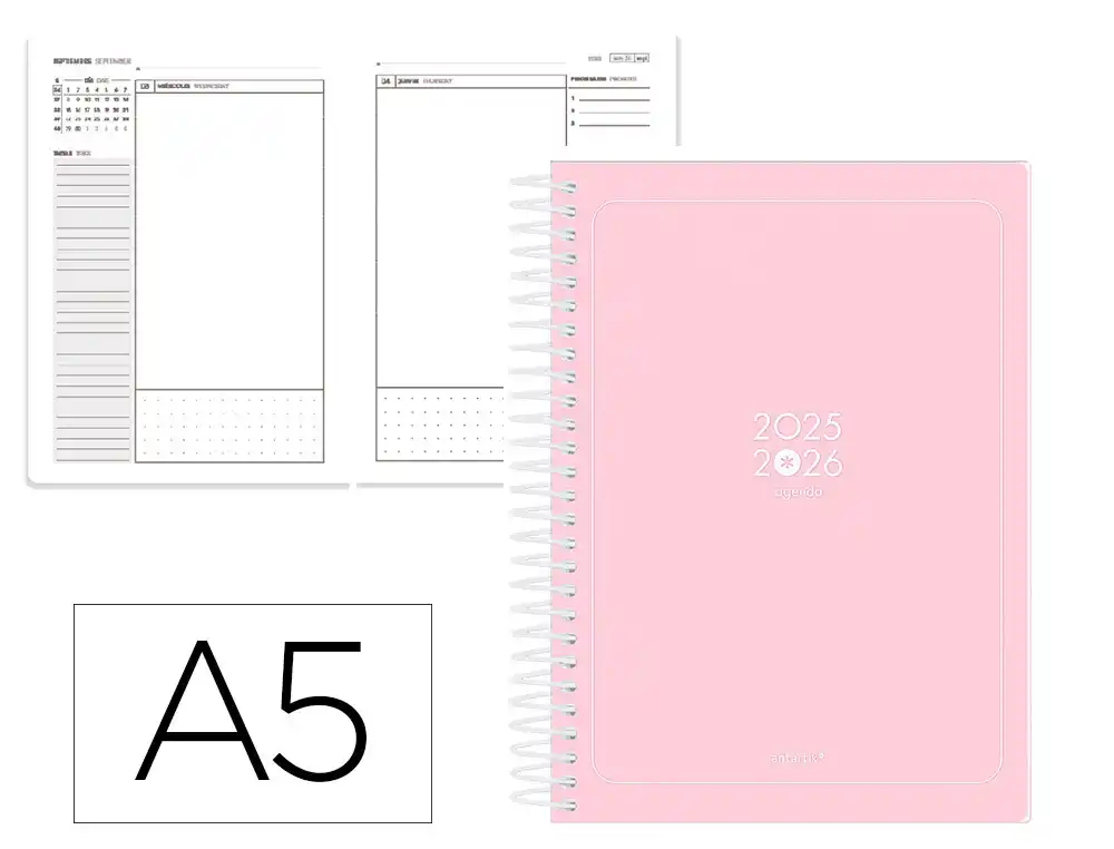 Agenda escolar ANTARTIK 25-26 espiral essentials rosa dia pagina A5 bilingüe papel fsc 80 gr