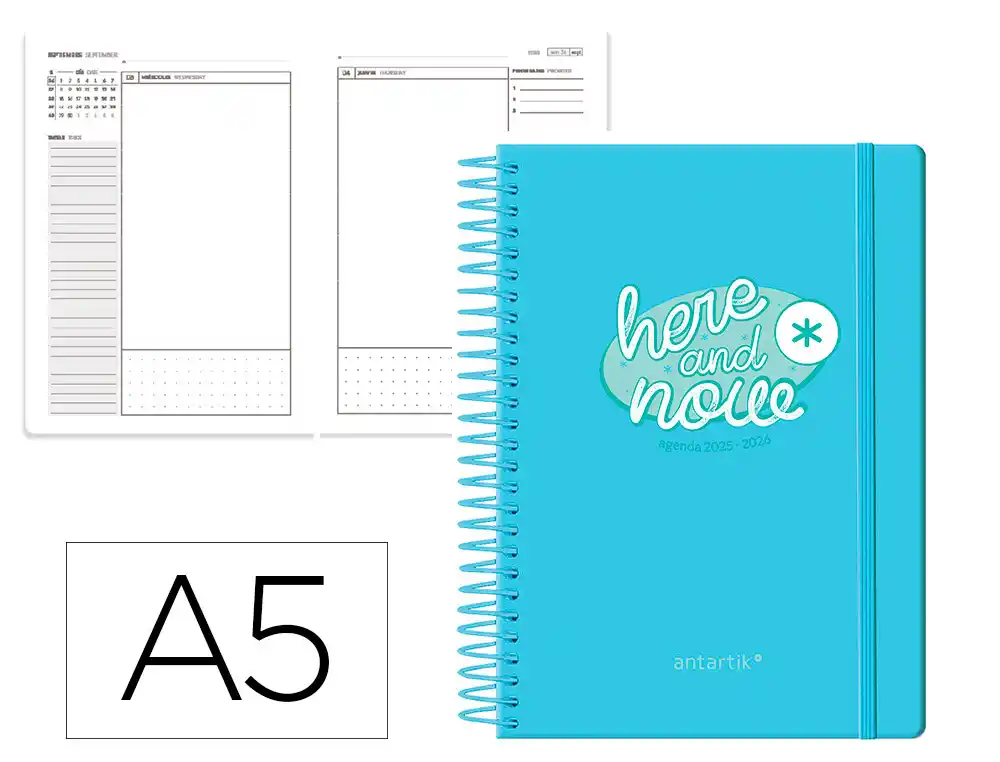 Agenda escolar ANTARTIK 25-26 espiral here and now azul dia pagina A5 bilingüe papel fsc 80 gr 80 gr