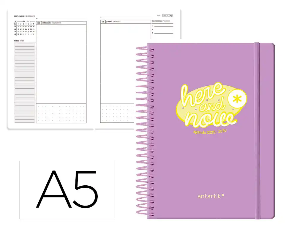 Agenda escolar ANTARTIK 25-26 espiral here and now morado dia pagina A5 bilingüe papel fsc 80 gr