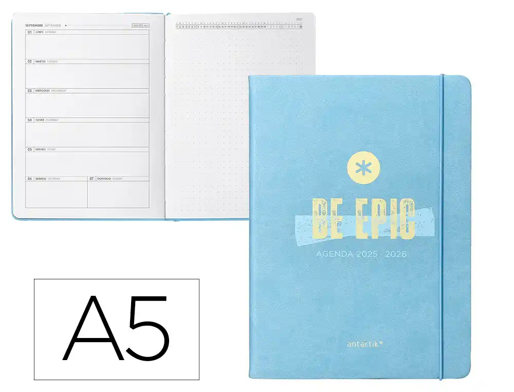 Agenda escolar ANTARTIK 25-26 encuadernada go! simil piel azul semana vista A5 bilingüe papel fsc 80 gr