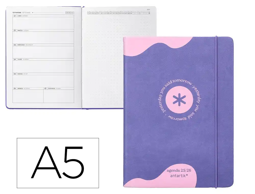 Agenda escolar ANTARTIK 25-26 encuadernada go! simil piel morado semana vista A5 bilingüe papel fsc 80 gr