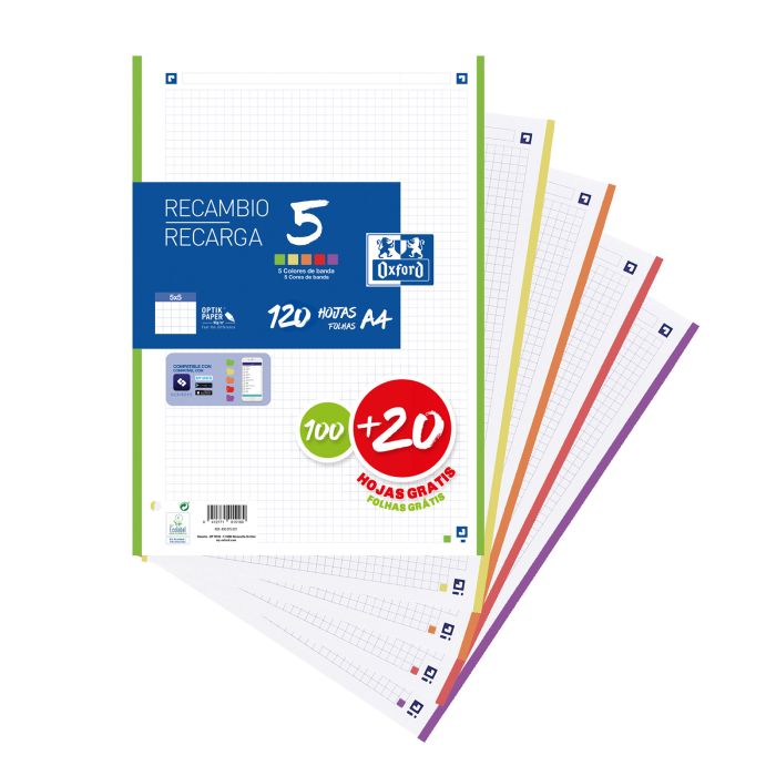 Recambio bloc OXFORD 4 taladros 5 colores vivos A4 90G 120H 5X5