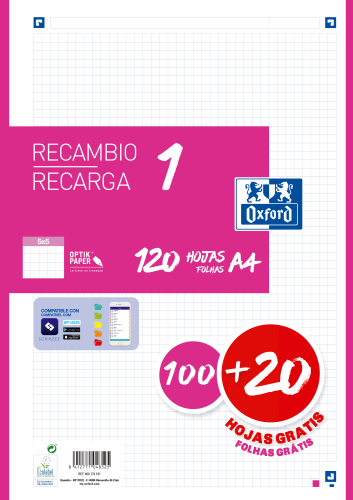 Recambio color 1 A4 100+20 hojas 5X5 fucsia 90GRS OXFORD 400174181