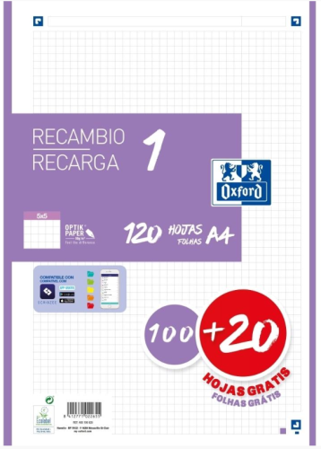 Recambio color 1 A4 100+20 hojas 5X5 lila 90GRS OXFORD 400158164