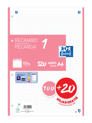 Recambio color 1 A4 100+20 hojas 5X5 rosa chicle 90GRS OXFORD 400158161
