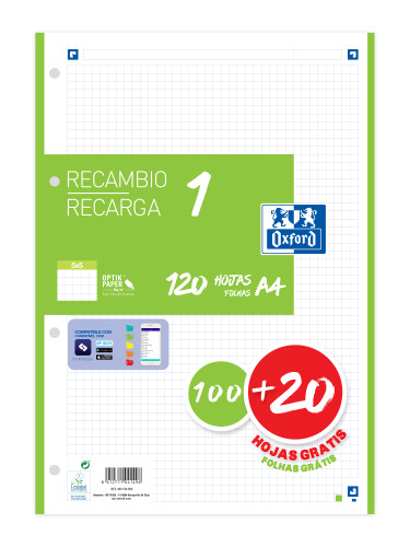 Recambio color 1 A4 100+20 hojas 5X5 verde 90GRS OXFORD 400158059