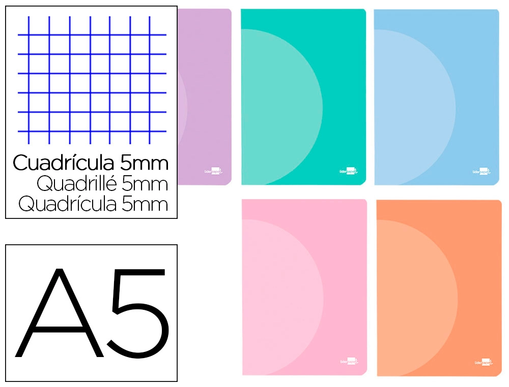 Libreta liderpapel 360 tapa de plastico A5 48 hojas 90G/M2 cuadro 5 mm con doble margen colores pastel