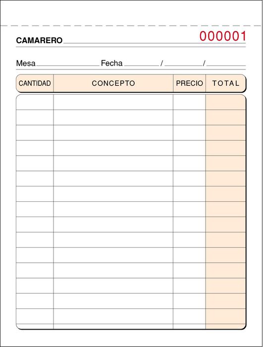 Talonario camarero 8º t-88 duplicado autocopiante numerado