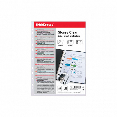 Set de 100 fundas multitaladras glossy clear, 60 mcm, A4, transparente erich krause 46703