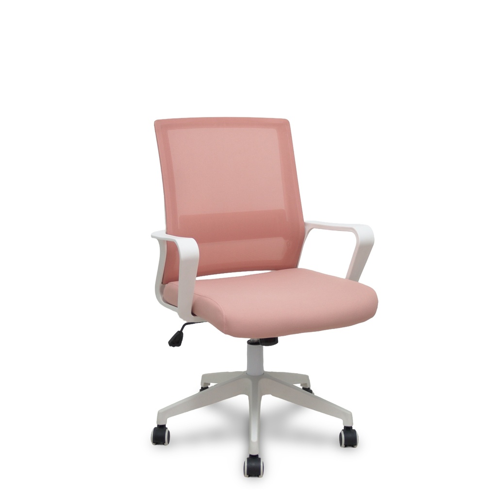 Silla ERGO535 blanca basculante respaldo malla rosa asiento tela rosa ruedas nailon
