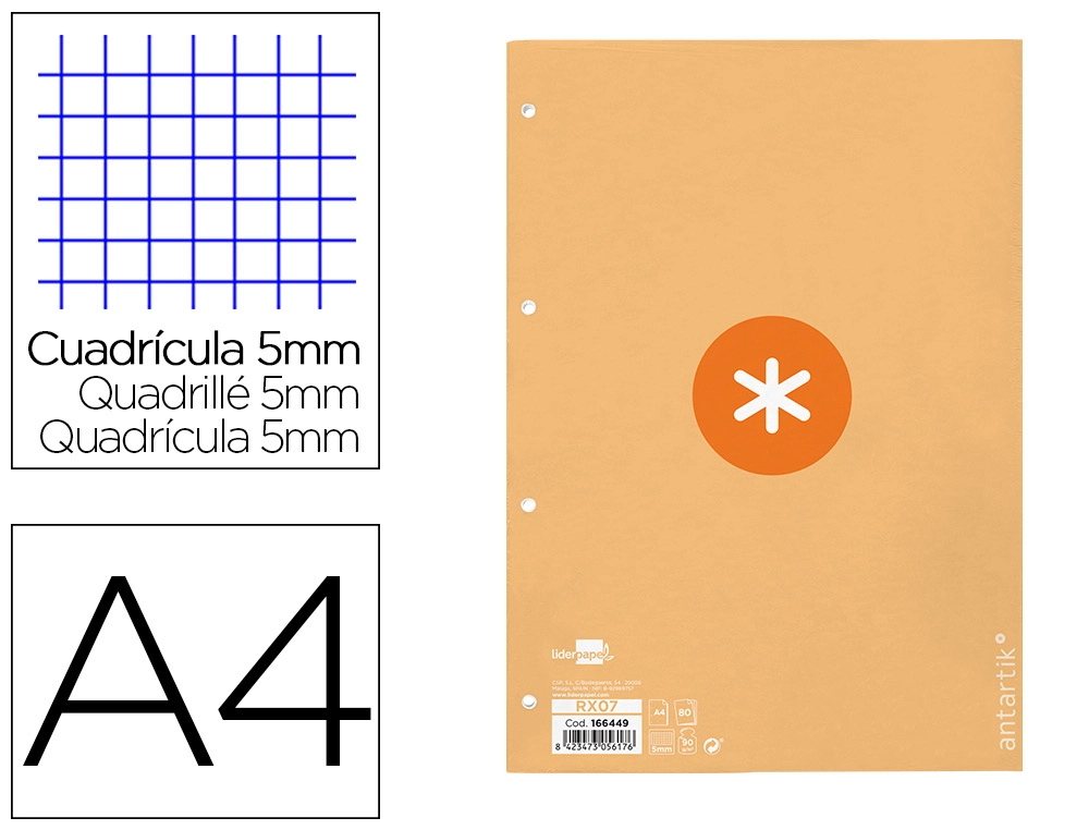 [RX07] Recambio A4 ANTARTIK 80 hojas 90G/M2 cuadro 5MM 4 taladros 1 banda con marco color peach