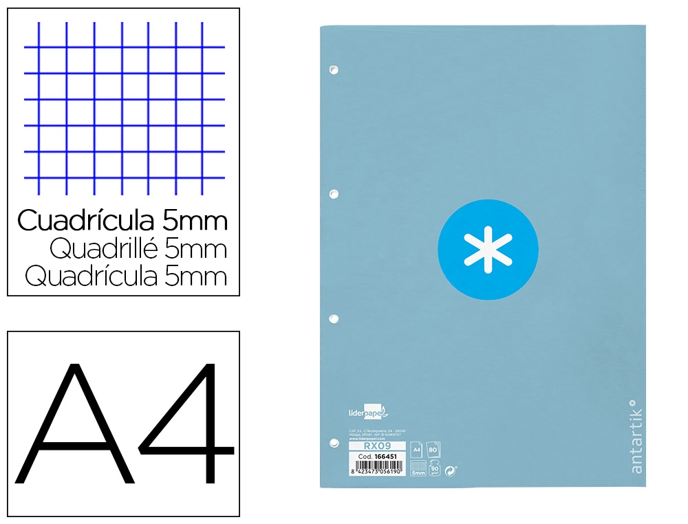 [RX09] Recambio A4 ANTARTIK 80 hojas 90G/M2 cuadro 5MM 4 taladros 1 banda con marco color celeste