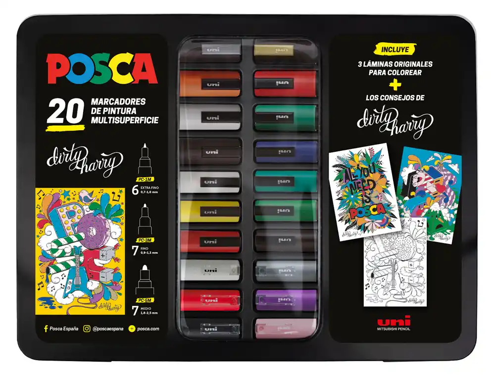 [182634820] Rotulador uni POSCA dirty harry marcador de pintura punta conica maletin metalico de 20 unidades colores