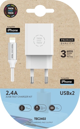 Cargador doble blanco+cable nylon lightn / apple 2, 4