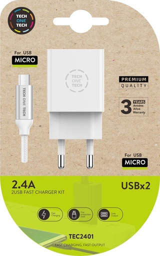 Cargador doble blanco+cable nylon micro usb  2, 4A