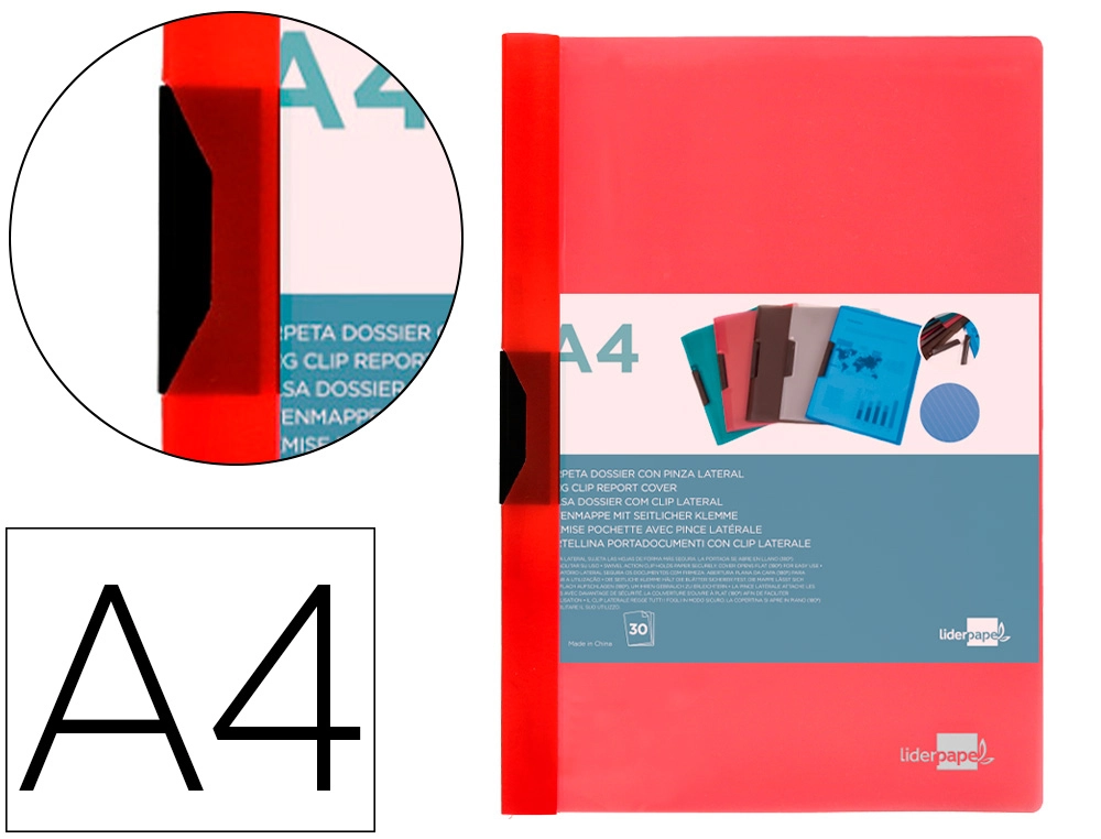 [DP19] Carpeta liderpapel dossier pinza lateral polipropileno din A4 rojo translucido 30 hojas pinza deslizante