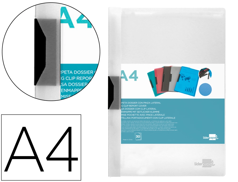 [DP20] Carpeta liderpapel dossier pinza lateral polipropileno din A4 transparente 30 hojas pinza deslizante